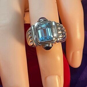 Vintage RING Sky Blue Topaz 4 ct 10mm Emerald Cut Gemstone and Amethyst Cabochon